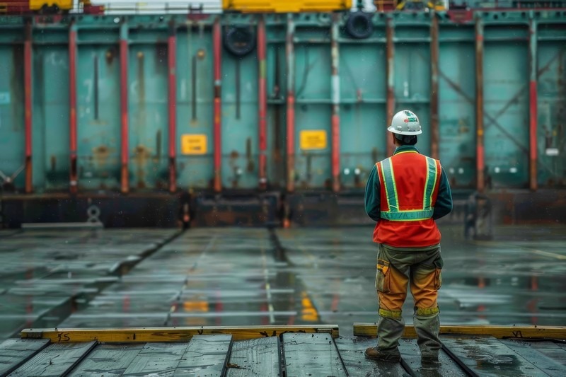 A construction worker stands on a wet dock, watching as a cargo ship is unloaded in the port. The day is overcast, creating a reflective atmosphere.